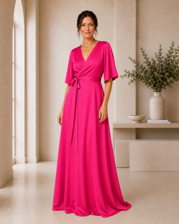 Satin flutter sleeve wrap bridesmaid dress from The Ophelia Collection styled for a coordinated bridal party hot pink