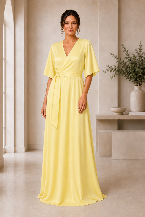 Satin flutter sleeve wrap bridesmaid dress from The Ophelia Collection styled for a coordinated bridal party lemon
