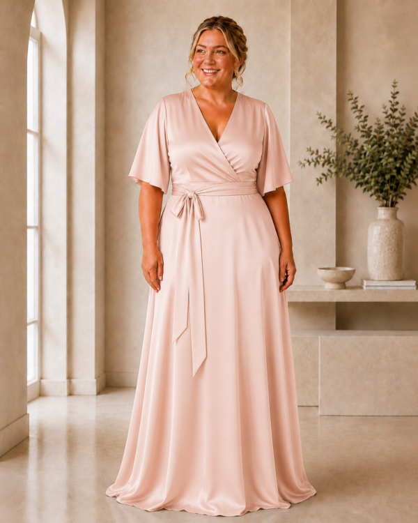 Satin flutter sleeve wrap bridesmaid dress from The Ophelia Collection styled for a coordinated bridal party rose