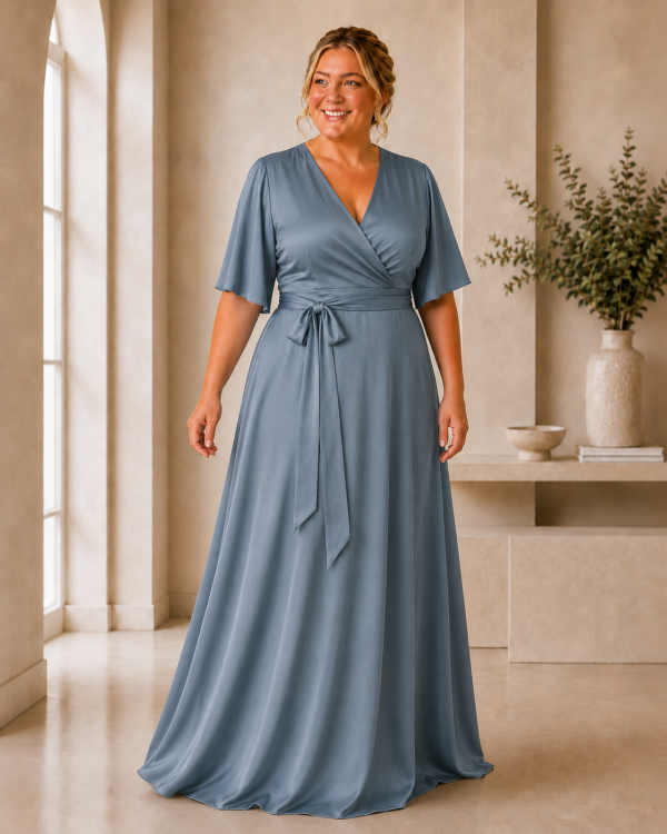 Satin flutter sleeve wrap bridesmaid dress from The Ophelia Collection styled for a coordinated bridal party steel blue
