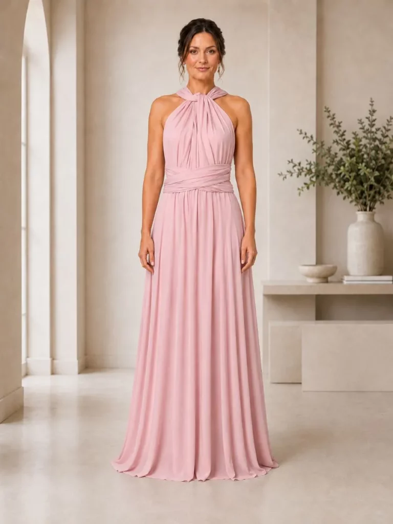 Lara multiway bridesmaids dress in jersey styled with an alternative neckline