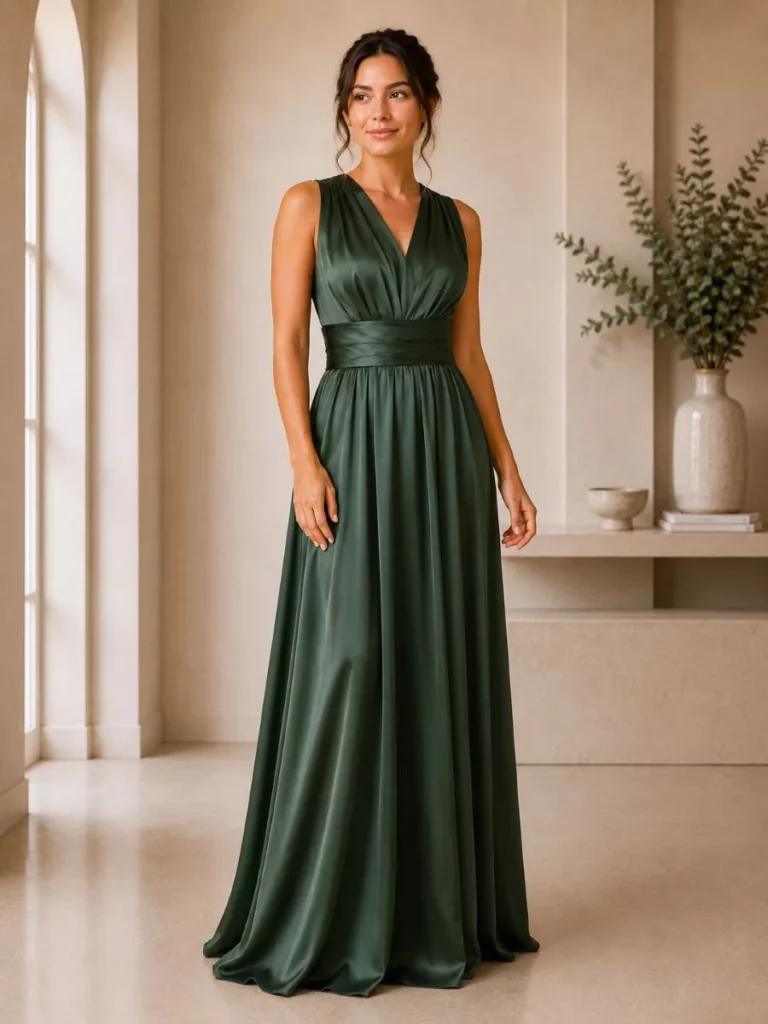 Bridesmaid wearing a hunter green satin Lara Collection multiway dress