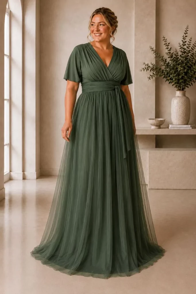 Curvy bridesmaid wearing a hunter green Tulle Lara Collection multiway dress