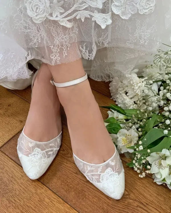 London ivory floral lace low heel wedding shoes