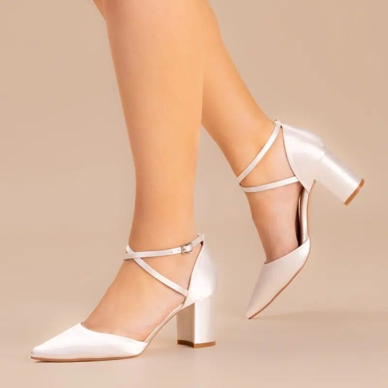 Maisie ivory satin mid heel wedding shoes with crossover ankle straps