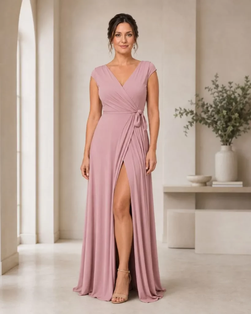 Ophelia Collection cap-sleeve wrap bridesmaids dress