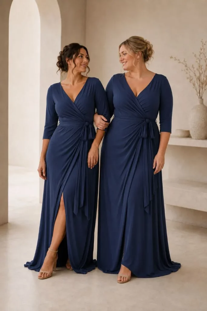 Ophelia Collection three-quarter-sleeve wrap bridesmaids dress