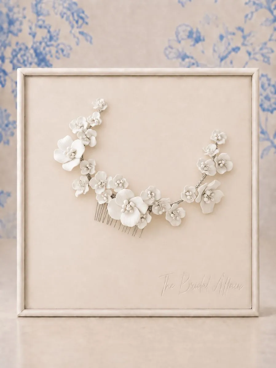 Athena 9335 ivory floral bridal hair comb with clay flowers and pearl detailing