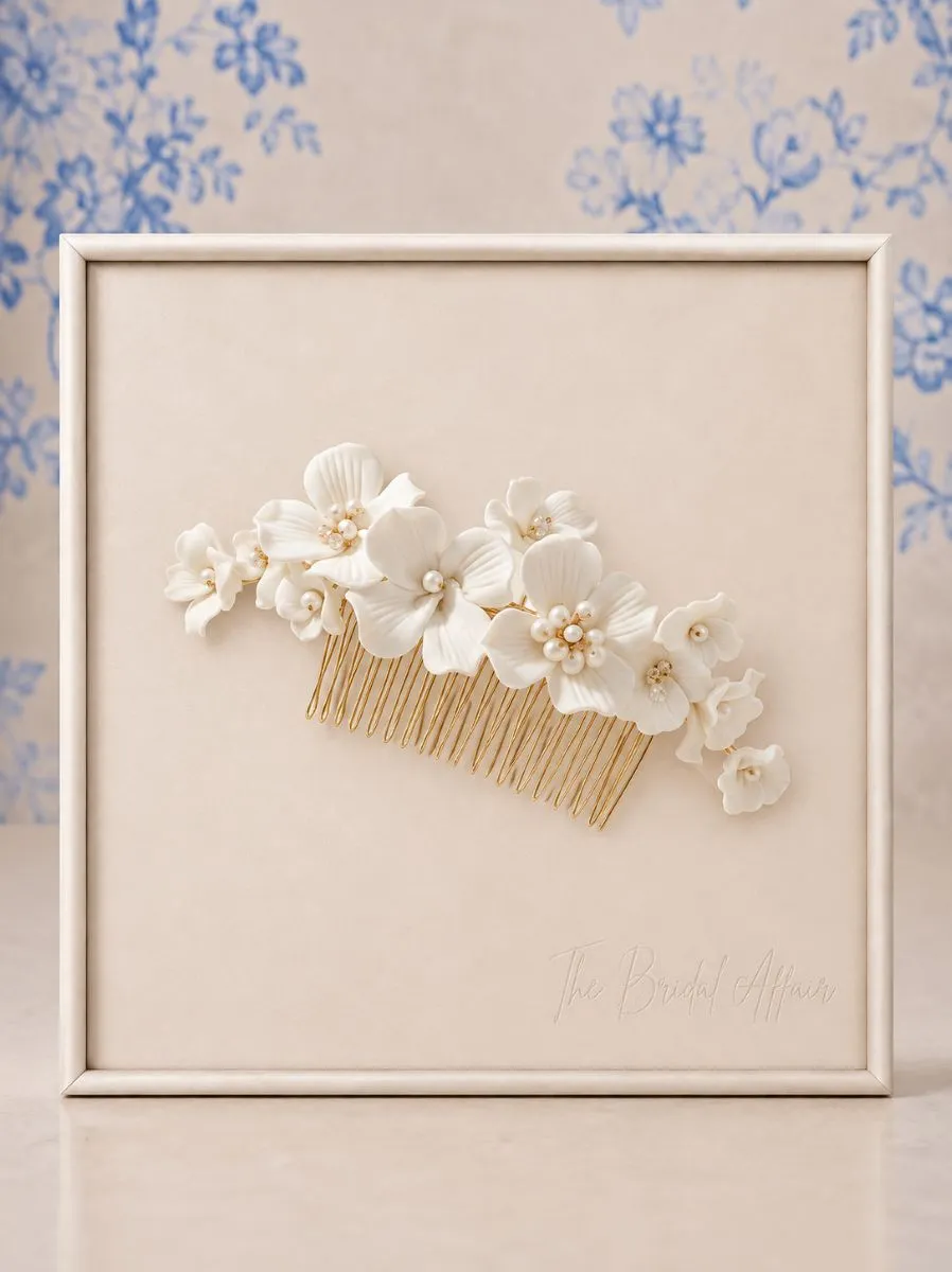 Athena 9586 ivory floral bridal hair comb with ceramic flowers, pearl detailing and gold finish