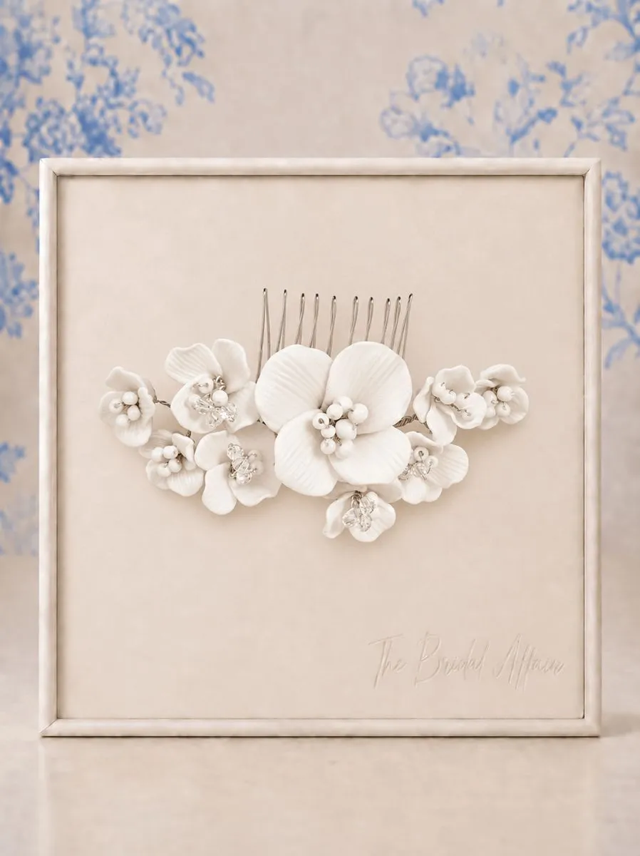 Athena 9659 ivory floral bridal hair comb with ceramic flowers and pearl detailing