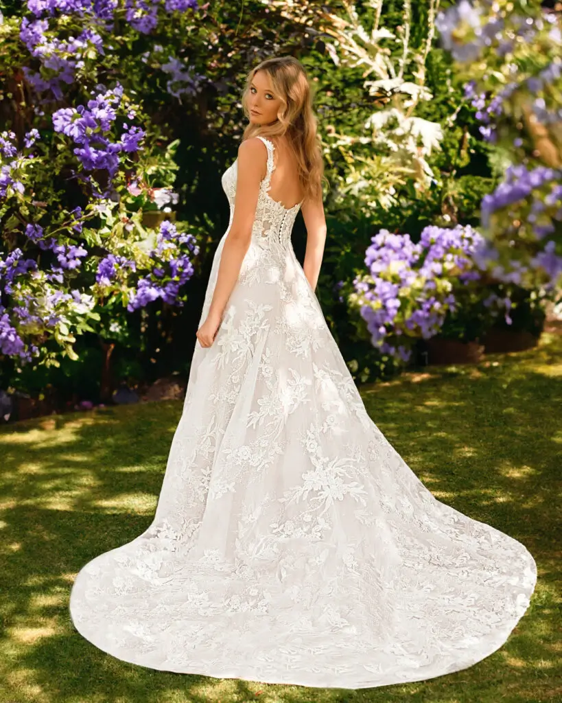 Bride wearing a structured A-line wedding dress with square neckline