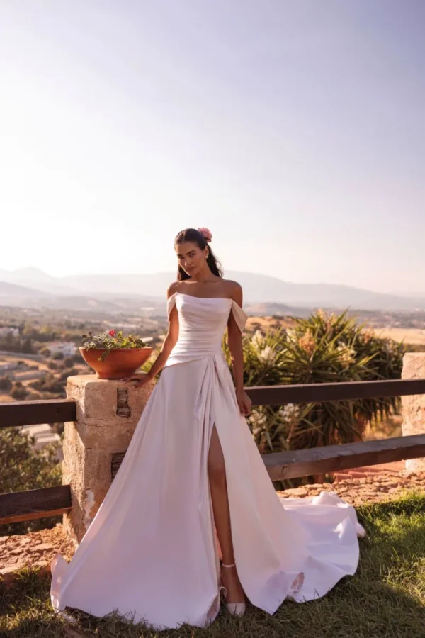 Lucia 8292 Cosmobella by Demetrios Rose off shoulder A-line wedding dress with draped bodice and high slit