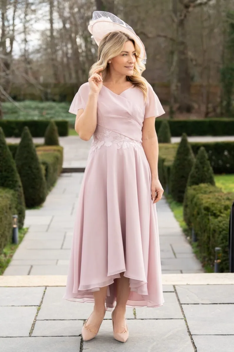 Richard Designs Lakelyn dusky pink occasion dress with flowing chiffon high-low hem and flutter sleeves