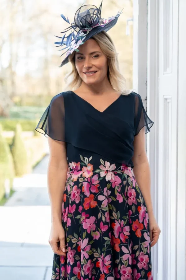 Richard Designs Lakelyn Navy Summer Nights floral chiffon occasion dress with flutter sleeves and draped bodice