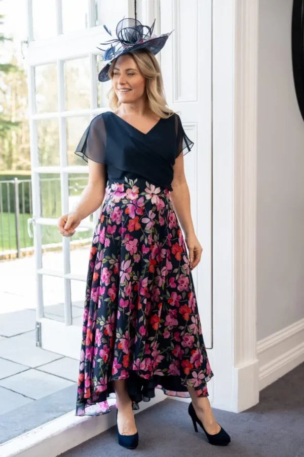 Richard Designs Lakelyn Navy Summer Nights floral occasion dress with flowing chiffon high-low skirt and flutter sleeves