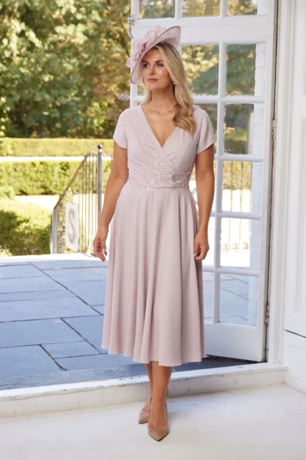 Richard Designs Beatrice dusky pink moss crepe occasion dress with floral embroidery and full flowing skirt