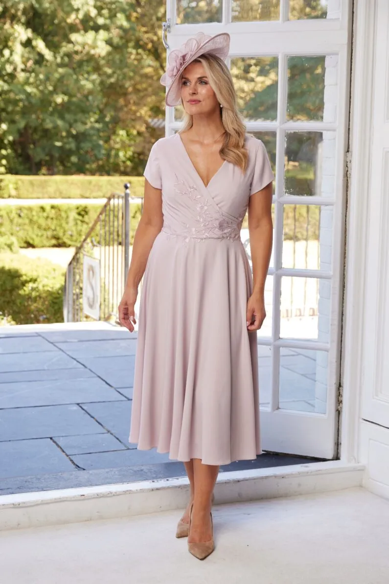 Richard Designs Beatrice dusky pink moss crepe occasion dress with floral embroidery and full flowing skirt