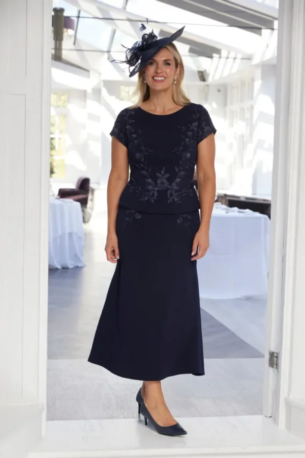 Berklee navy moss crepe occasion dress with scoop neckline, peplum waist and embroidered detail in navy
