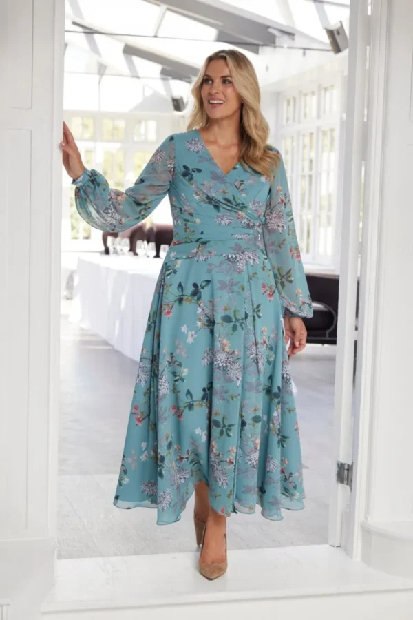 Richard Designs Jean RDAD1382 Summer Haze chiffon occasion dress with pleated wrap bodice, sheer sleeves and full flowing skirt