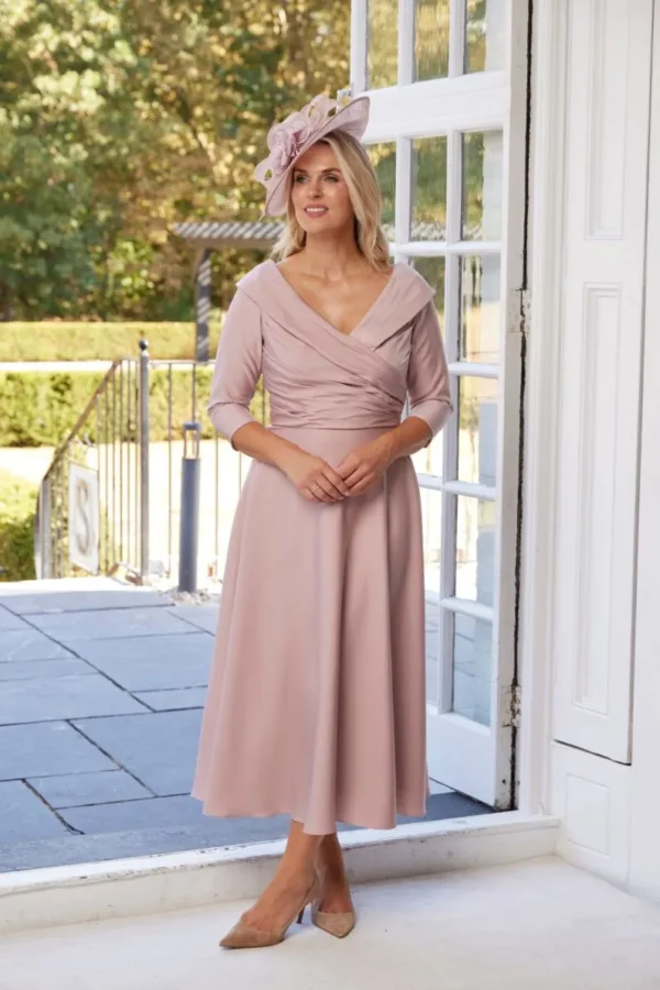 Richard Designs Jayne RDAD1385 dusky pink occasion dress with edge-of-the-shoulder neckline, long sleeves and flowing skirt