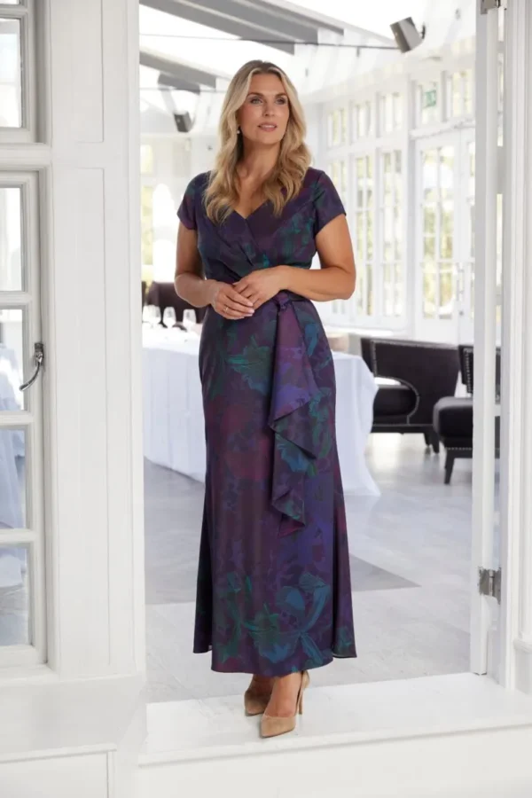 Richard Designs Newlin RDAD1386 Deep Ember full-length occasion dress with fit and flare silhouette, cap sleeves and draped waist detail