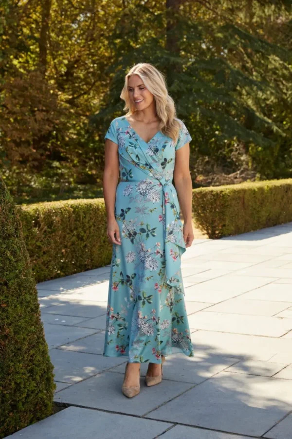 Richard Designs Newlin RDAD1386 Summer Haze occasion dress close-up with wrap neckline, fitted waist and floral print detail