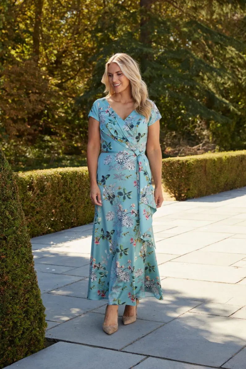 Richard Designs Newlin RDAD1386 Summer Haze occasion dress close-up with wrap neckline, fitted waist and floral print detail