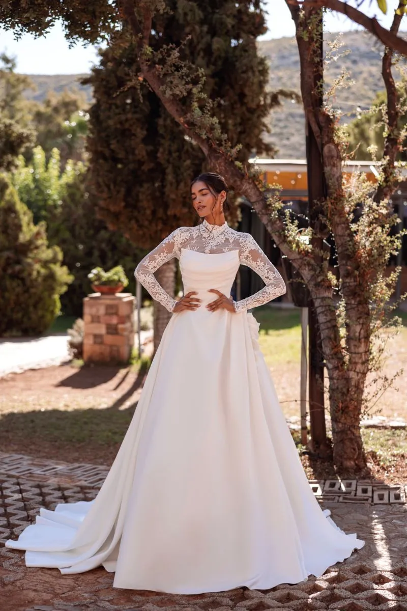Sofia 8289 Cosmobella by Demetrios wedding dress with detachable long-sleeved lace bodysuit and A-line skirt