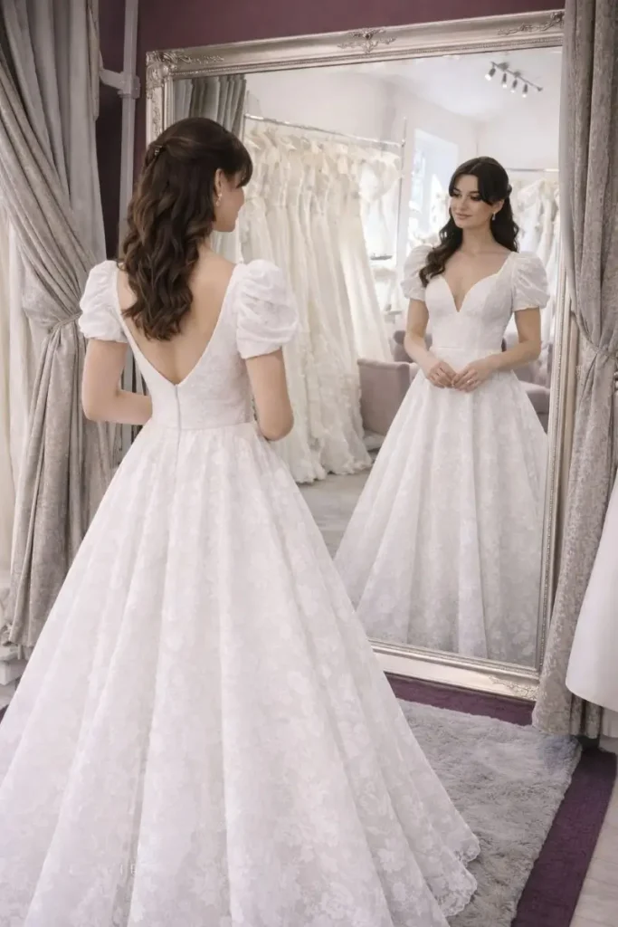 Bride trying on a wedding dress at The Bridal Affair near York