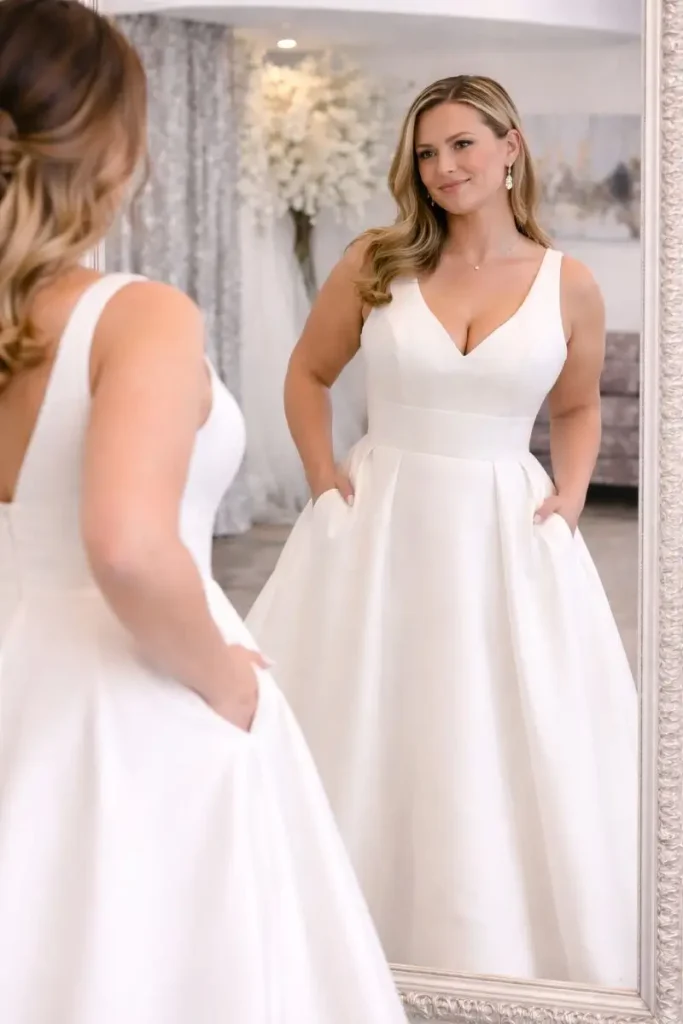 Curvy bride in a simple V-neck wedding dress looking in the mirror at The Bridal Affair