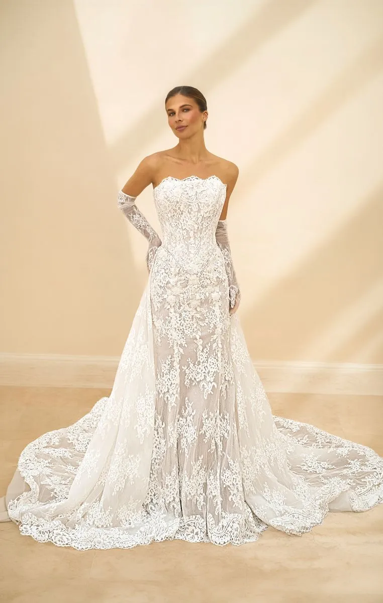 Elysia by Danielle Couture ivory and mocha Chantilly lace fishtail wedding dress with strapless sweetheart neckline, fitted silhouette and dramatic lace train.